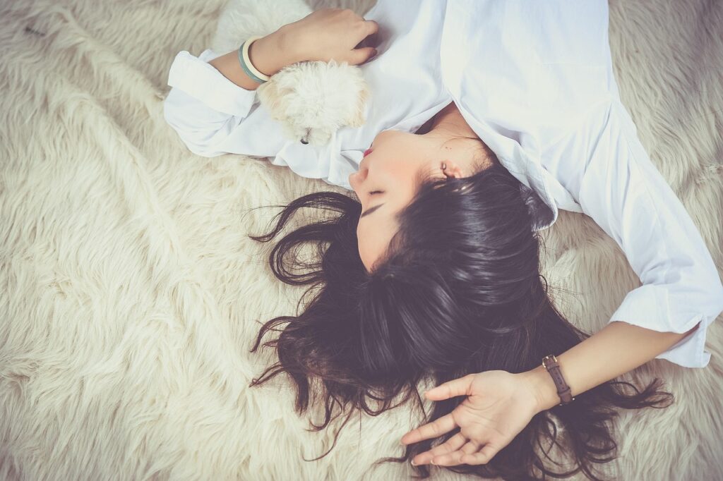 girl, sleep, lying down, dog, pet, owner, asian, asian woman, young woman, animal, upside down, asleep, sleeping, sleeping woman, female, woman, dreaming, portrait, resting, relax, dream