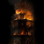tower, medieval, fire, war, night, flames
