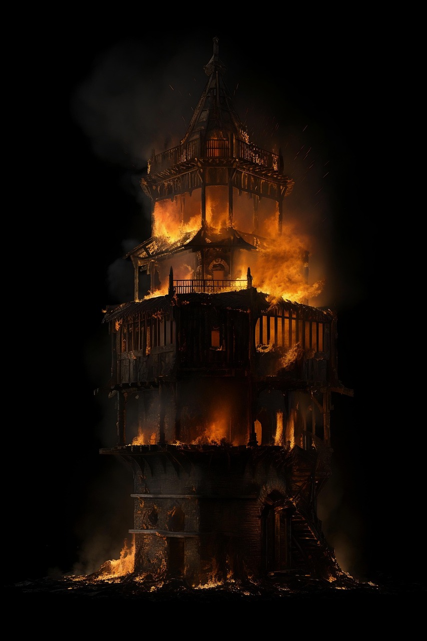 tower, medieval, fire, war, night, flames